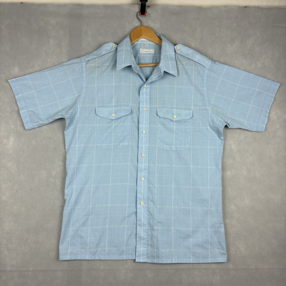 Vintage Christian Dior Safari Shirt Men’s Large Blue Windowpane Check Epaulets